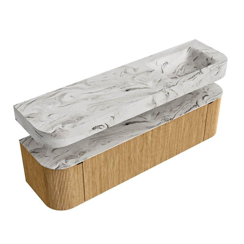 MONDIAZ THOR-DLUX 170cm meuble de salle de bains arrondi gauche + droite couleur Oak avec 1 tiroir et 2 portes. Vasque suspendue CLOUD droite 1 trou de robinet couleur Glace. SW1465442