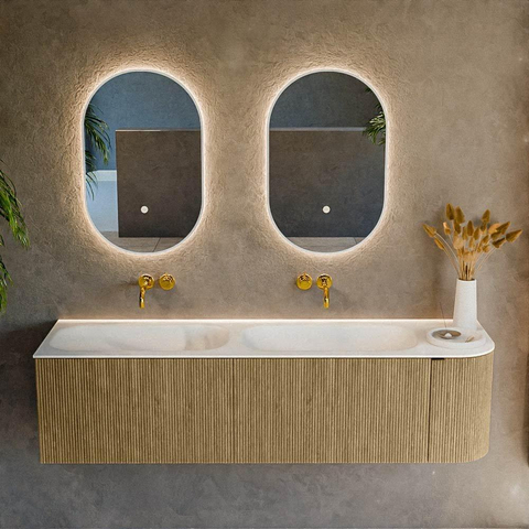 Mondiaz KURVE Ensemble de meubles de salle de bains - 165x46x40cm - 2 tiroirs - 1 porte - lavabo solid surface - double / gauche - sans trou de robinet - Dusk SW1414722
