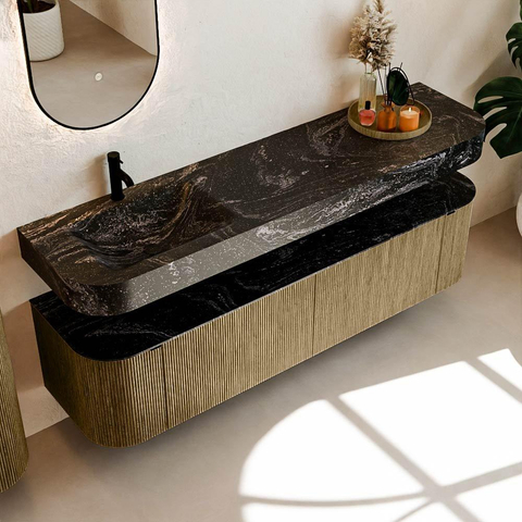 MONDIAZ THOR-DLUX 180cm meuble de salle de bains arrondi gauche + droite couleur Dusk avec 2 tiroirs et 2 portes. Vasque suspendue CLOUD Gauche 1 trou de robinet couleur Lava. SW1466008