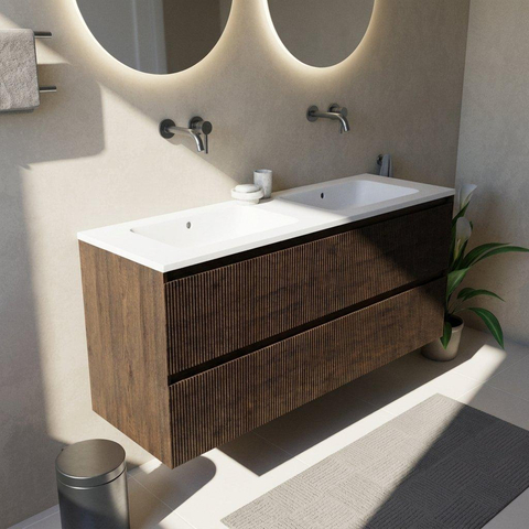 Saniclass Holz Atelier Badkamermeubelset - 140x45x77.5cm - Torino solid surface wastafel wit - zonder kraangat - 4 lades - mat eiken charcoal (hout) SW1478677