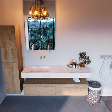 Mondiaz ALAN-DLUX Ensemble de meuble - 150cm - meuble Washed Oak mat - 2 tiroirs - Lavabo Cloud Ostra suspendu - vasque Gauche - 0 trous de robinet SW809006