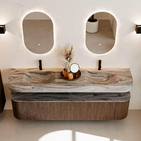 MONDIAZ THOR-DLUX Meuble de salle de bains 190cm arrondi gauche + droite couleur Walnut avec 2 tiroirs et 2 portes. Vasque suspendue CLOUD Double 2 trous de robinet couleur Sombra. SW1466701