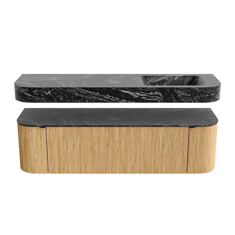 MONDIAZ THOR-DLUX 160cm meuble de salle de bains arrondi gauche + droite couleur Oak avec 1 tiroir et 2 portes. Vasque suspendue CLOUD Droite sans trou de robinet couleur Lava. SW1464981