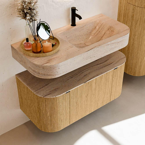 MONDIAZ THOR-DLUX 100cm badmeubel ronding links + rechts kleur Oak met 1 lade en 2 deuren. Vrijhangende wastafel CLOUD Rechts 1 kraangat kleur Saba. SW1467556