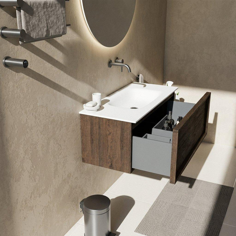 Saniclass Holz Frame Ensemble meuble de salle de bains - 100x45x41.5cm - Vasque Flow en solid surface blanc - 1 vasque - sans trou de robinet - 1 tiroir - chêne charcoal mat (bois) SW1478398
