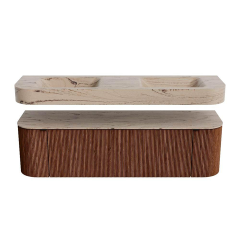 MONDIAZ THOR-DLUX 160cm meuble de salle de bains arrondi gauche + droite couleur Ruby avec 1 tiroir et 2 portes. Vasque suspendue CLOUD Double sans trou de robinet couleur Arena. SW1465126
