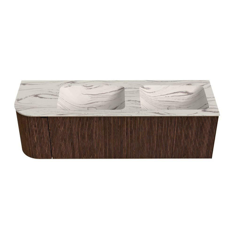 MONDIAZ KURVE-DLUX meuble de salle de bains 145cm arrondi à gauche couleur Walnut avec 1 tiroir et 1 porte. Lavabo LEAF Double / À droite 2 trous de robinet Nata. SW1432210