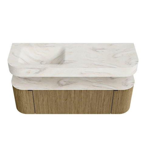 MONDIAZ THOR-DLUX Meuble de salle de bains 140cm arrondi gauche + droite couleur Dusk avec 1 tiroir et 2 portes. Vasque suspendue CLOUD Gauche sans trou de robinet couleur Ostra. SW1464209