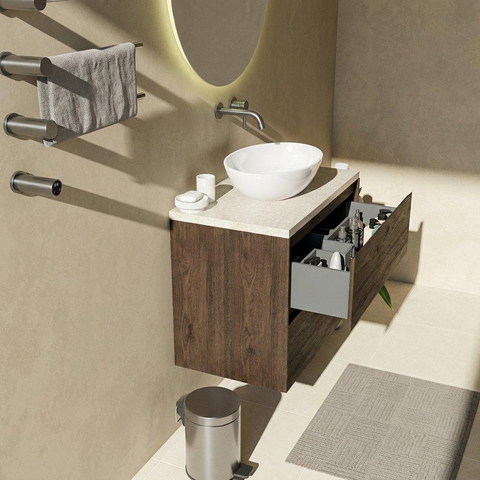 Saniclass Holz Pure Badkamermeubelset - 80x45x63cm - Travertine natuurstenen topblad - zonder kraangat - 2 lades - mat eiken charcoal (hout) SW1478841