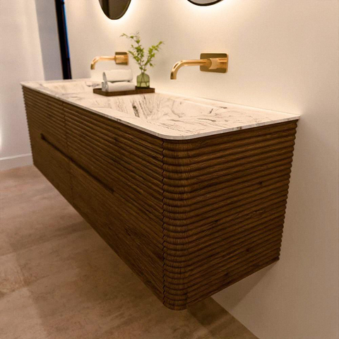 Mondiaz CIRO-DLUX Badkamermeubelset - 160x45x50cm - Solid surface wastafel Glace - 2 wasbak Dubbel - zonder kraangaten - 4 lades - Dusk SW1533042