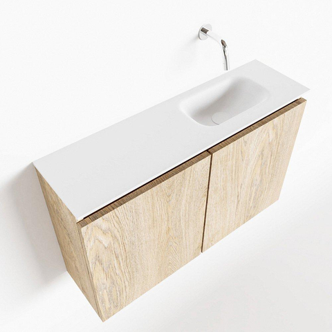 MONDIAZ TURE Toiletmeubel 80x23x50cm met 0 kraangaten 2 deuren washed oak mat Wastafel Eden rechts Solid Surface Wit SW475136