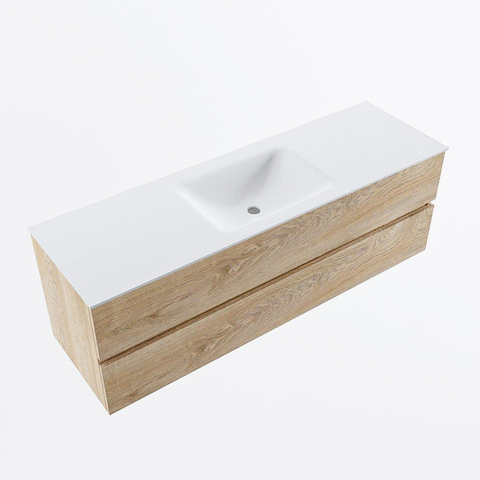 MONDIAZ VICA meuble sous lavabo 150cm Chêne blanchi 2 tiroirs. Lavabo CLOUD central sans trou de robinet, couleur Talc. SW1381857
