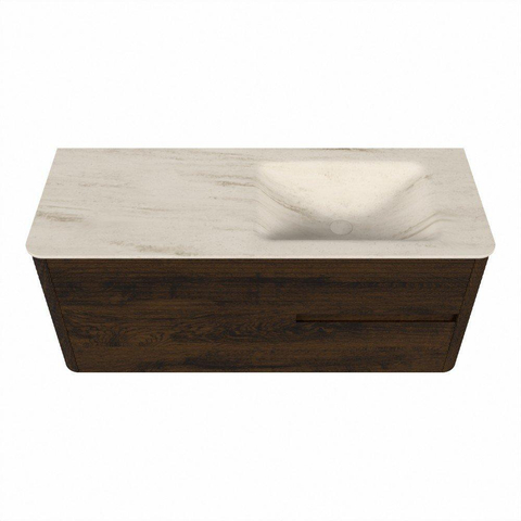 Mondiaz CIRO-DLUX Badkamermeubelset - 120x45x50cm - Solid surface wastafel Meli - 1 wasbak Rechts - 1 kraangat - 2 lades - Walnut SW1530483