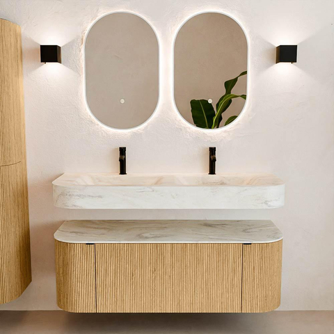 MONDIAZ THOR-DLUX Meuble de salle de bains 130cm arrondi gauche + droite couleur Oak avec 1 tiroir et 2 portes. Vasque suspendue CLOUD Double 2 trous de robinet couleur Ostra. SW1463563