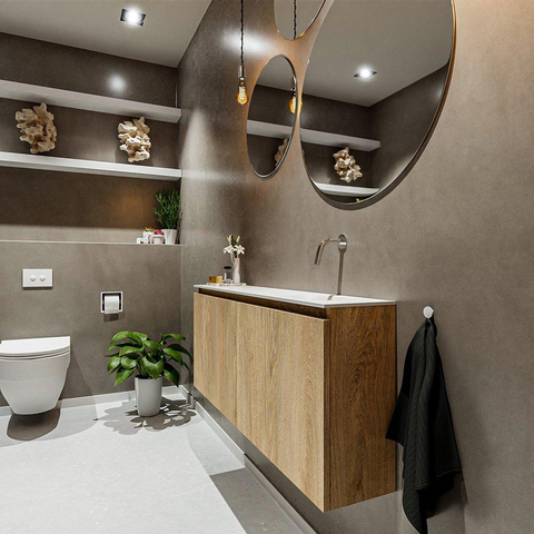 MONDIAZ TURE Toiletmeubel 120x23x50cm met 0 kraangaten 2 deuren washed oak mat Wastafel Eden rechts Solid Surface Wit SW475174