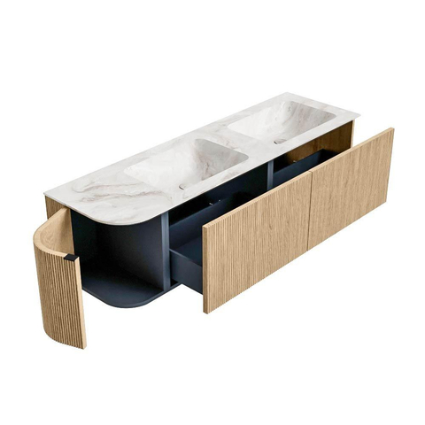 MONDIAZ KURVE-DLUX 155cm badmeubel met module 25 L kleur Oak met 2 lades en 1 deur. Wastafel LEAF dubbel / rechts zonder kraangat kleur Frappe. SW1137397