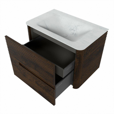 Mondiaz CIRO-DLUX Badkamermeubelset - 70x45x50cm - Solid surface wastafel Opalo - 1 wasbak Midden - zonder kraangaten - 2 lades - Walnut SW1530186