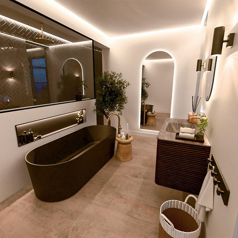 Mondiaz CIRO-DLUX Badkamermeubelset - 100x45x50cm - Solid surface wastafel Oza - 1 wasbak Midden - zonder kraangaten - 2 lades - Walnut SW1530594
