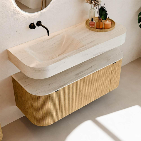 MONDIAZ THOR-DLUX 120cm meuble de salle de bains arrondi gauche + droite couleur Oak avec 1 tiroir et 2 portes. Vasque suspendue CLOUD Gauche sans trou de robinet couleur Meli. SW1463326