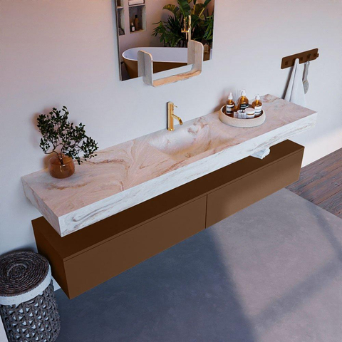 Mondiaz ALAN-DLUX Ensemble de meuble - 200cm - meuble Rust mat - 2 tiroirs - Lavabo Cloud Frappe suspendu - vasque Centre - 1 trou de robinet SW805271