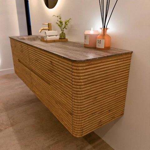 Mondiaz CIRO-DLUX Badkamermeubelset - 160x45x50cm - Solid surface wastafel Oza - 1 wasbak Links - 1 kraangat - 4 lades - Oak SW1531166