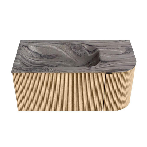 MONDIAZ KURVE-DLUX 95cm badmeubel ronding Rechts kleur Oak met 1 lade en 1 deur. Wastafel BIG SMALL Links zonder kraangat Sombra. SW1433542