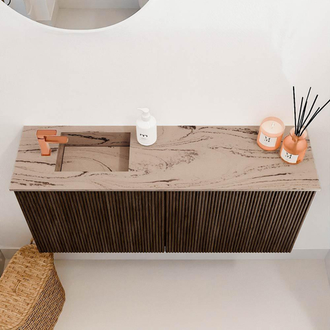 Mondiaz JOYA-DLUX 90cm toiletmeubel - kleur Walnut - Wastafel FAYE positie Links 1 kraangat kleur Arena. SW1424325