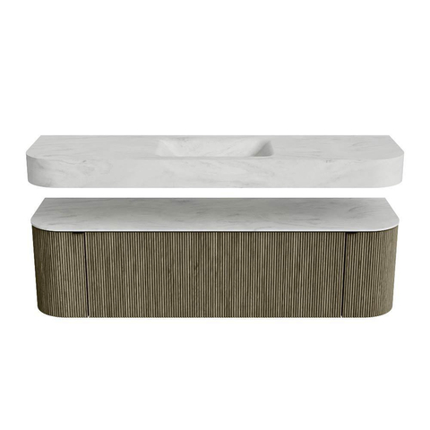 MONDIAZ THOR-DLUX 160cm badmeubel ronding links + rechts kleur Shadow met 1 lade en 2 deuren. Vrijhangende wastafel CLOUD Midden zonder kraangat kleur Opalo. SW1465070