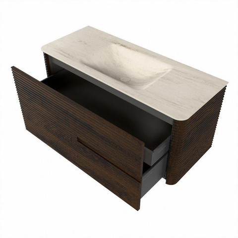 Mondiaz CIRO-DLUX Meuble de salle de bains - 110x45x50cm - Plan-vasque solid surface Meli - 1 vasque au milieu - 1 trou de robinetterie - 2 tiroirs - Noyer SW1530471
