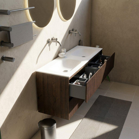 Saniclass Holz Atelier Badkamermeubelset - 140x45x61.5cm - Flow solid surface wastafel wit - 2 wasbakken - zonder kraangaten - 4 lades - mat eiken charcoal (hout) SW1478427