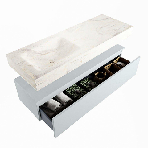 Mondiaz ALAN-DLUX Ensemble de meuble - 130cm - meuble Clay mat - 1 tiroir - Lavabo Cloud Ostra suspendu - vasque Gauche - 1 trou de robinet SW807633