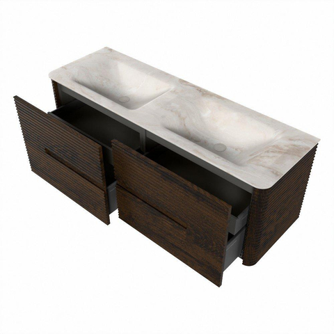Mondiaz CIRO-DLUX Badkamermeubelset - 140x45x50cm - Solid surface wastafel Frappe - 2 wasbak Dubbel - 2 kraangaten - 4 lades - Walnut SW1530295
