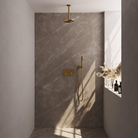 BRAUER Gold Edition Douche de pluie thermostatique encastrée - boutons-poussoirs - SET 53 - pomme de douche 20cm - bras de plafond - douchette barre - flexible de douche - coude de raccord mural - or brossé PVD SW925655