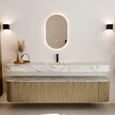MONDIAZ THOR-DLUX 200cm meuble de salle de bains arrondi gauche + droite couleur Dusk avec 2 tiroirs et 2 portes. Vasque suspendue CLOUD Milieu 1 trou de robinet couleur Glace. SW1466859