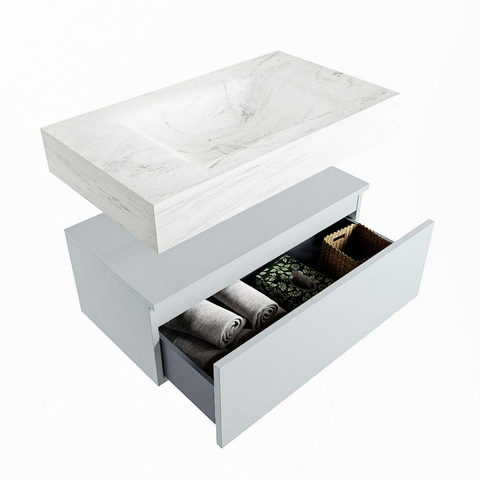 Mondiaz ALAN-DLUX Ensemble de meuble - 80cm - meuble Clay mat - 1 tiroir - Lavabo Cloud Opalo suspendu - vasque Centre - 1 trou de robinet SW806768