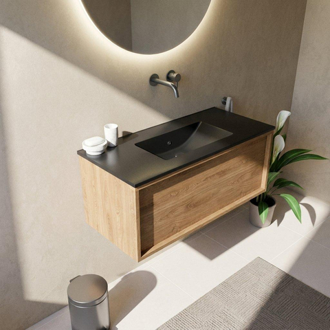 Saniclass Holz Frame Ensemble de meubles de salle de bains - 100x45x42cm - lavabo Vygo en céramique noir - 1 vasque - sans trou de robinet - 1 tiroir - chêne natural mat (bois) SW1478964