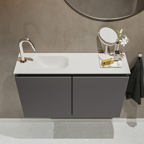 MONDIAZ TURE Toiletmeubel 80x23x50cm met 1 kraangaten 2 deuren dark grey mat Wastafel Eden links Solid Surface Wit SW474932