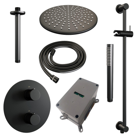 BRAUER Black Edition thermostatische Inbouw Regendouche - 3-weg - rond - set 90 - 30cm hoofddouche - plafondarm - staaf handdouche - doucheslang - geïntegreerde glijstang - mat zwart SW1159218