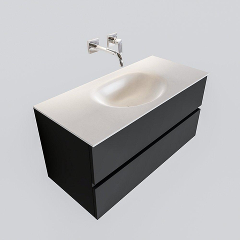 MONDIAZ VICA Ensemble de meuble salle de bain - 100cm - 2 tiroirs - lavabo Moon central - 0 trous de robinet - solid surface gris foncé SW409715