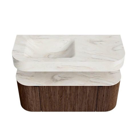 MONDIAZ THOR-DLUX 110cm badmeubel ronding links + rechts kleur Walnut met 1 lade en 2 deuren. Vrijhangende wastafel CLOUD Links zonder kraangat kleur Ostra. SW1462761