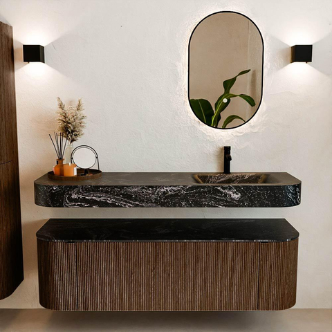 MONDIAZ THOR-DLUX 150cm badmeubel ronding links + rechts kleur Walnut met 1 lade en 2 deuren. Vrijhangende wastafel CLOUD Rechts 1 kraangat kleur Lava. SW1464655