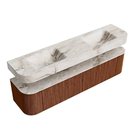 MONDIAZ THOR-DLUX Meuble de salle de bains 190cm arrondi gauche + droite couleur Ruby avec 2 tiroirs et 2 portes. Vasque suspendue CLOUD Double sans trou de robinet couleur Frappe. SW1466487