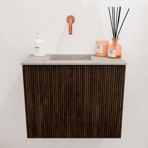 Mondiaz JOYA-DLUX 50cm toiletmeubel - kleur Walnut - Wastafel FAYE positie Links Zonder kraangat kleur Glace. SW1422356