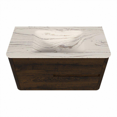 Mondiaz CIRO-DLUX Meuble de salle de bains - 90x45x50cm - Plan vasque solid surface Nata - 1 vasque au milieu - 1 trou de robinet - 2 tiroirs - Noyer SW1530543