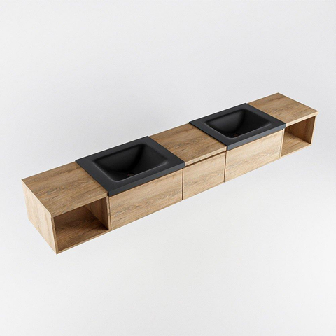 MONDIAZ BUKLA 240cm ensemble de meuble avec module ouvert 40 L+R couleur Chêne blanchi avec 3 tiroirs. Lavabo CLOUD double 0 trou de robinet couleur Urbain. SW1382215