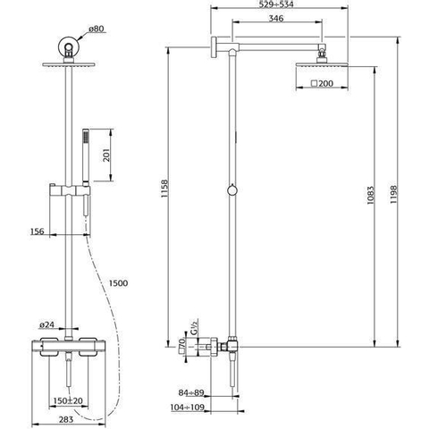 Xenz Aragon regendoucheset 115.8cm opbouw thermostatisch chroom Hoogglans SW104636