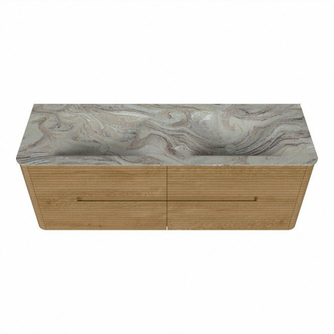 Mondiaz CIRO-DLUX Meuble de salle de bains - 140x45x50cm - Plan vasque solid surface Glace - 2 vasques double - 2 trous de robinetterie - 4 tiroirs - Chêne SW1530812