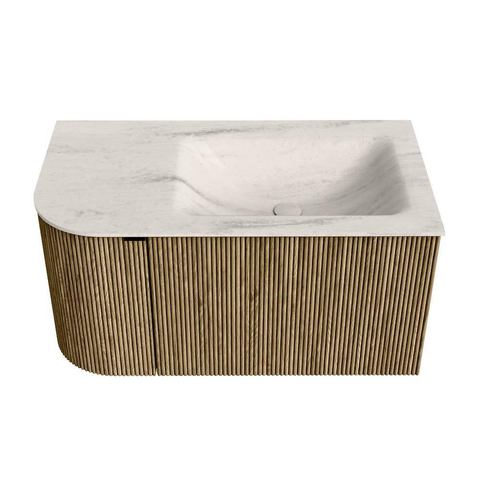 MONDIAZ KURVE-DLUX 85cm badmeubel ronding Links kleur Dusk met 1 lade en 1 deur. Wastafel CLOUD Rechts zonder kraangat Meli. SW1431850