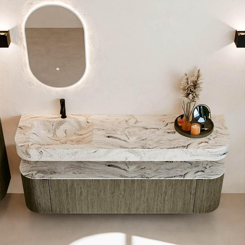 MONDIAZ THOR-DLUX Meuble de salle de bains 170cm arrondi gauche + droite couleur Shadow avec 1 tiroir et 2 portes. Vasque suspendue CLOUD Gauche 1 trou de robinet couleur Glace. SW1465528