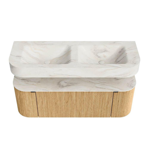 MONDIAZ THOR-DLUX Meuble de salle de bains 130cm arrondi gauche + droite couleur Oak avec 1 tiroir et 2 portes. Vasque suspendue CLOUD Double 2 trous de robinet couleur Ostra. SW1463563